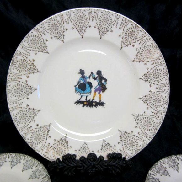 30'S TO 40'S SILHOUETTE DANCER LUNCHEONSET 1 PLATTER 6 PLATES 22K GOLD DESIGN